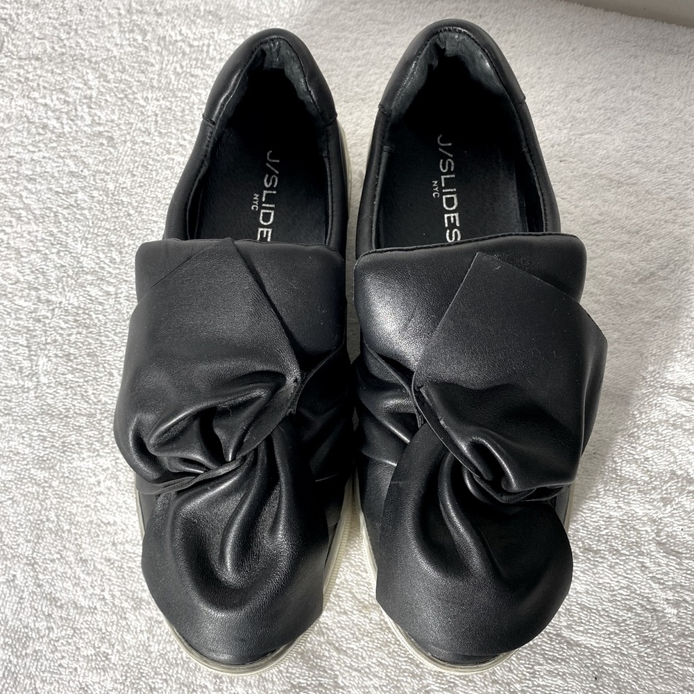J/Slides Black Leather Bow Slip On Sneakers 8
